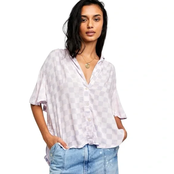 Free People Cotton Candy Easy Living Checker board Button Down Skirt Skater - Picture 1 of 14